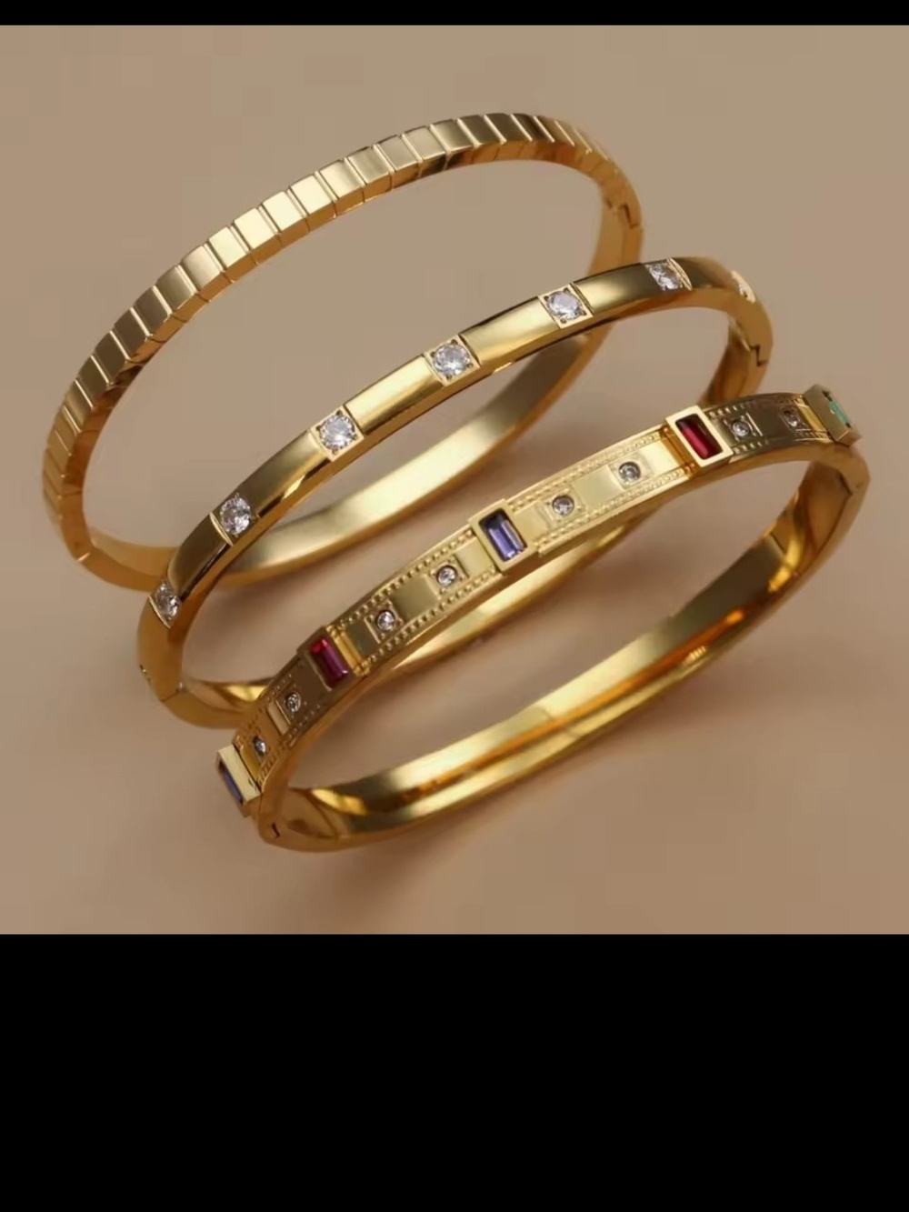 Gold-Plated Women’s Bangle Bracelet Set with Colored Gem Accents